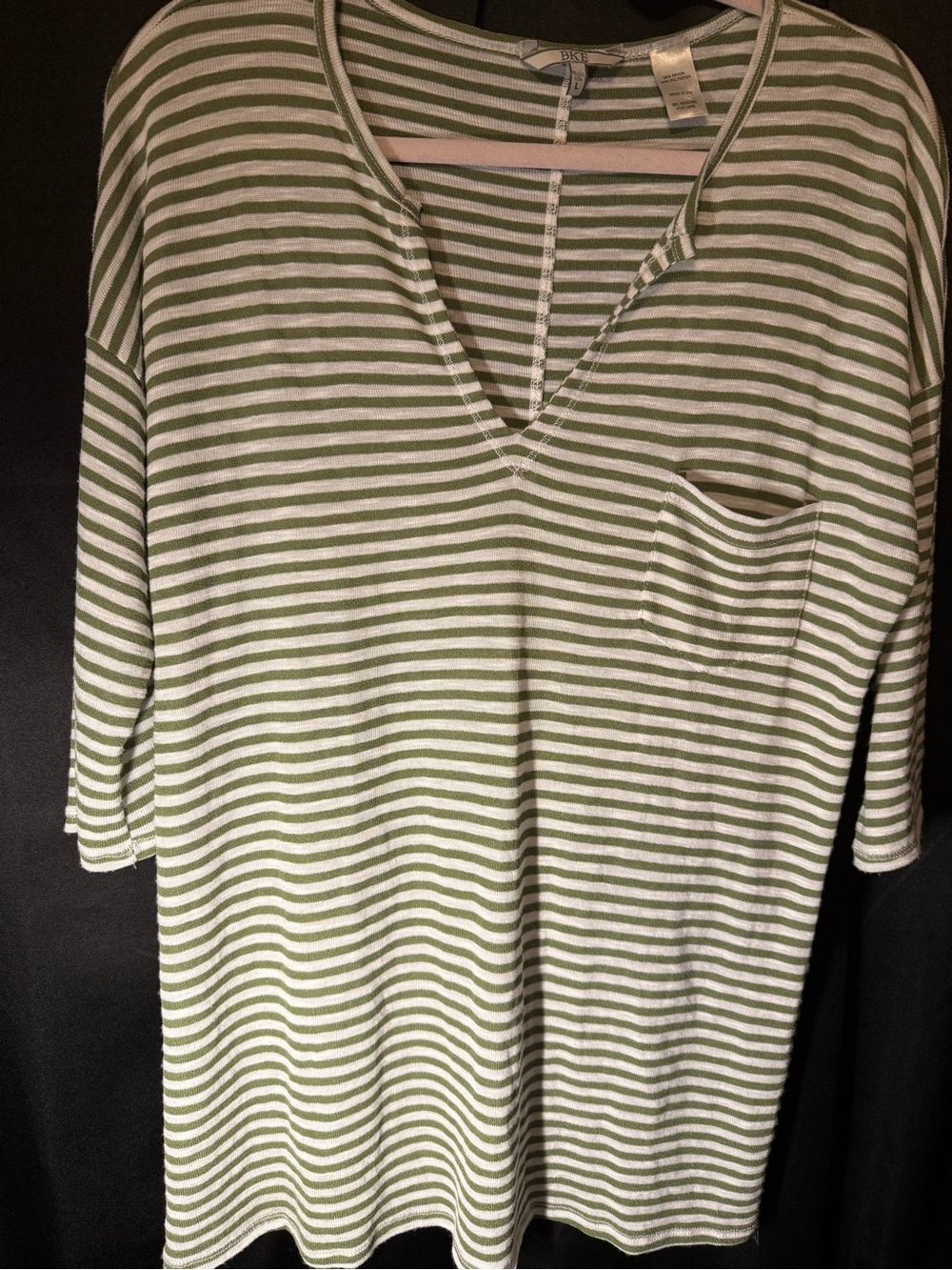 BKE Olive and White Striped V-Neck pocket top